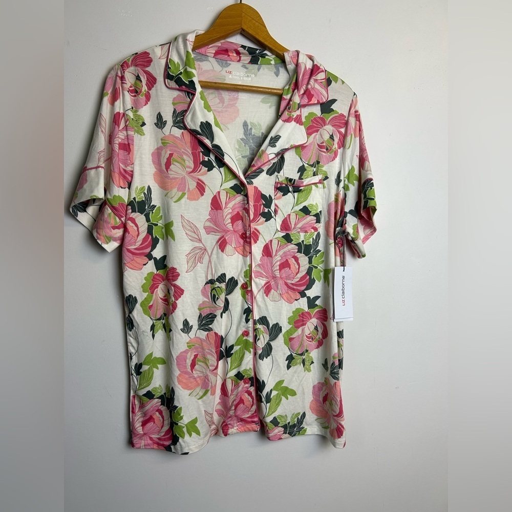 NWT Liz Claiborne Cool & Calm Button down Floral pajama Top Size M